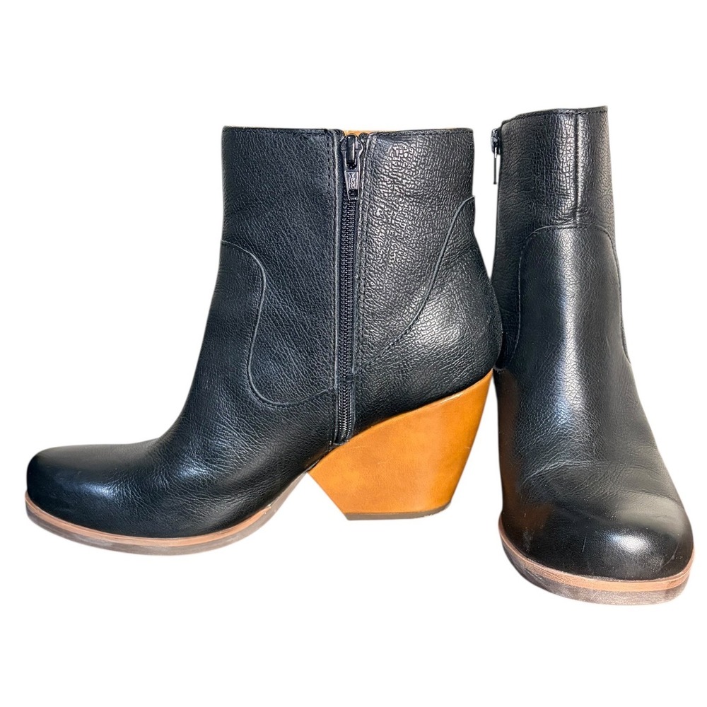 Korks‎ by Kork-Ease Black Leather Ankle Booties Wood Block Heel Women's Size 10
